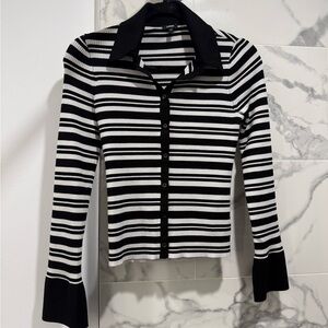 Express Black & White Striped Button-Down Collared Top